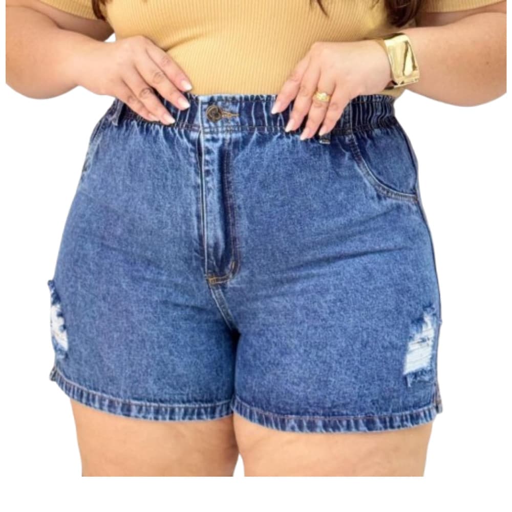 Short Jeans Feminino Plus Size com Elastico na Cintura Modelo Curve