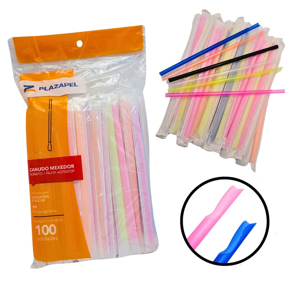 Canudo Mexedor Colher Para Caipirinha Drinks Sucos Pacote Com 100 Unidades Cores Misto e Preto