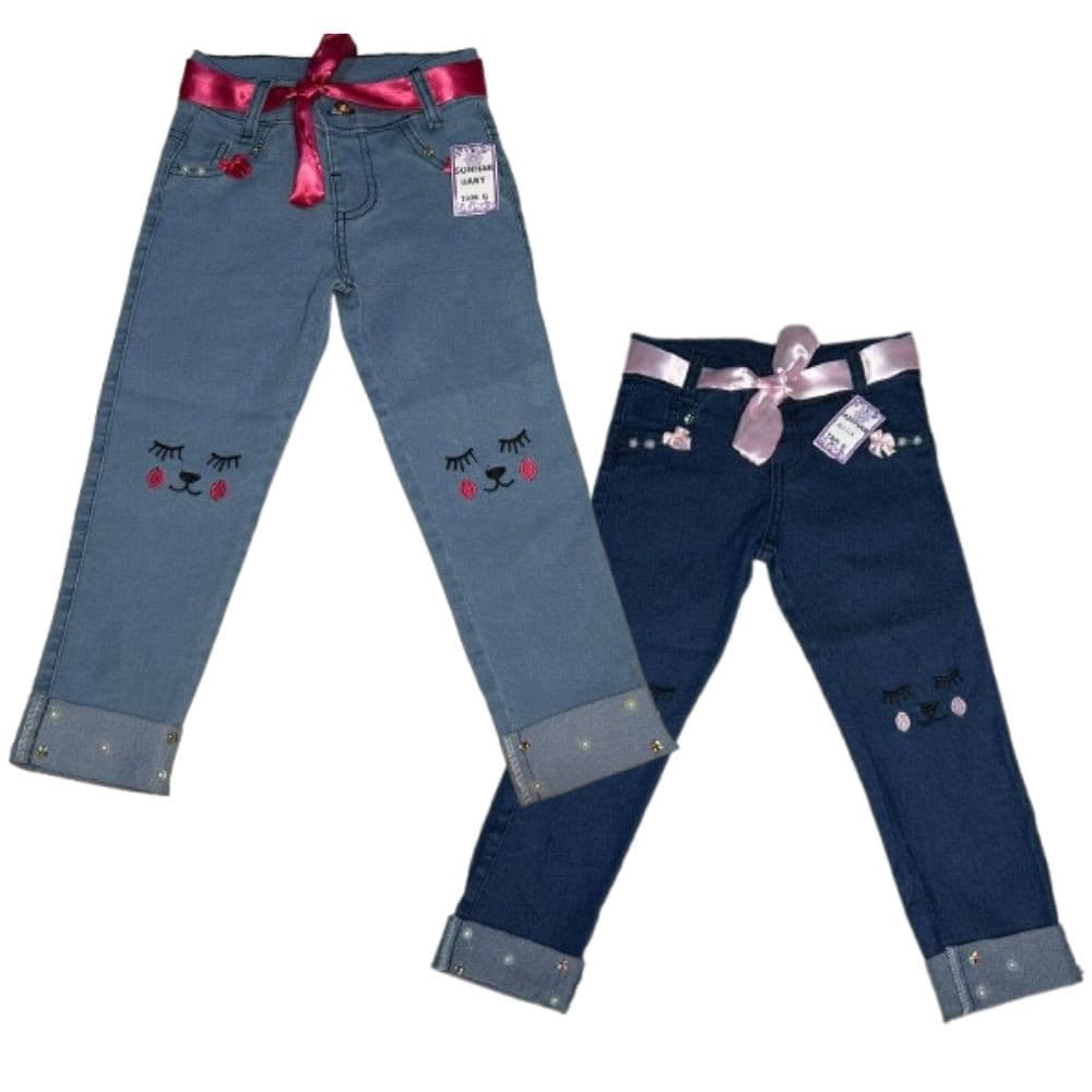 Calça Jeans infantil Menina Skinny Gatinha com Laço Luxo Feminina