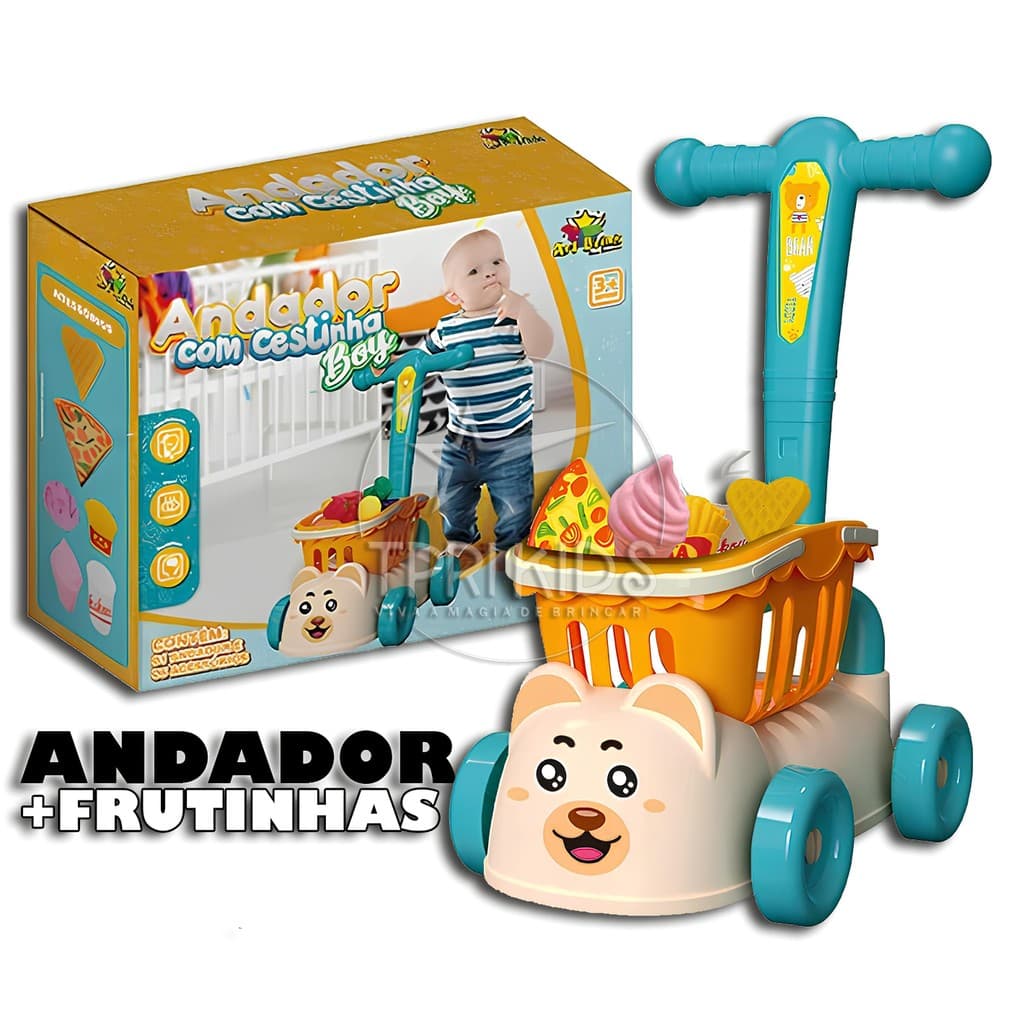ANDADOR DE BEBÊ COM CESTINHA E FRUTINHAS CARRINHO DE PASSEIO INFANTIL BRINQUEDO EMPURRAR DIDATICO CRIANÇA MENINO MENINA
