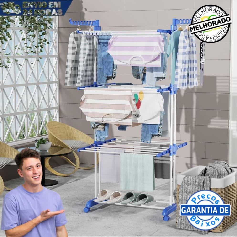 Varal De 3 Andares Vertical Compacto Andares Grande Prateleira Dobrável Azul