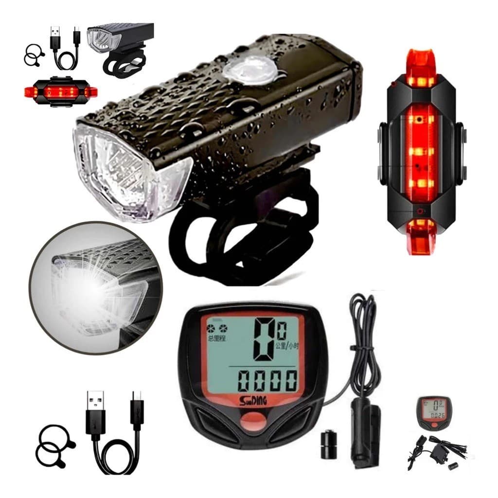 Kit Farol Lanterna Bicicleta Com Velocímetro Bike Ultra Led