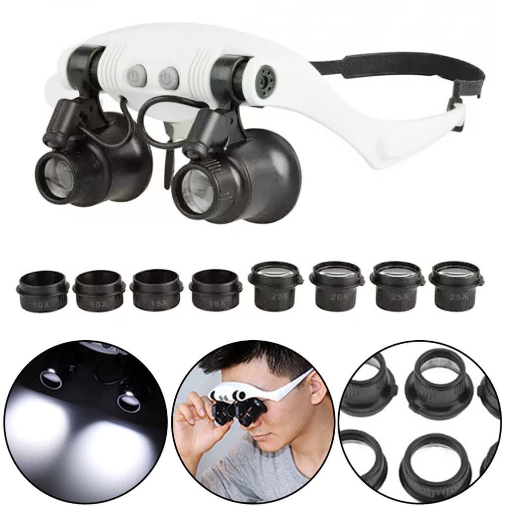 Lupas 10X 15X 20X 25X 2LED Luz Lâmpada Cabeça Lupa Joalheiro Bandana Óculos De Vidro Óptico Ferramenta Reparo