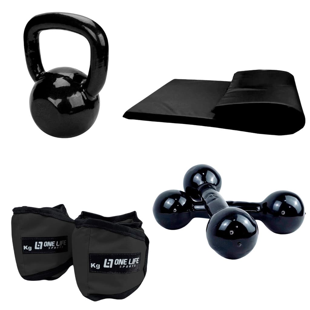 Colchonete One Life Sports Academia Em Casa + Pesos 1kg + Kettlebell emborrachado 4kg