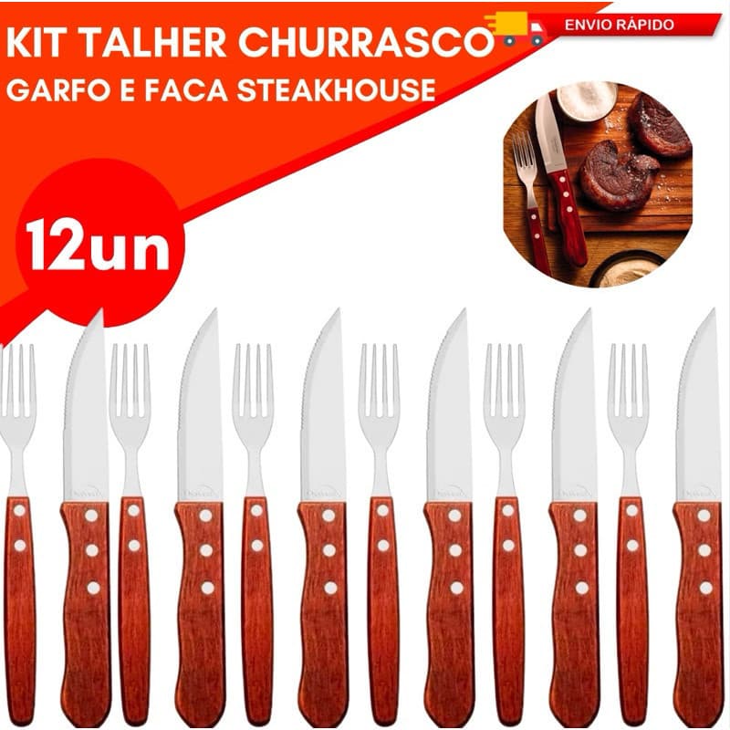 Jogo de Talher Churrasco 12 10 ou 6 Unidades Churascaria Steakhouse Cabo Madeira Lamina Aço Inox Premium