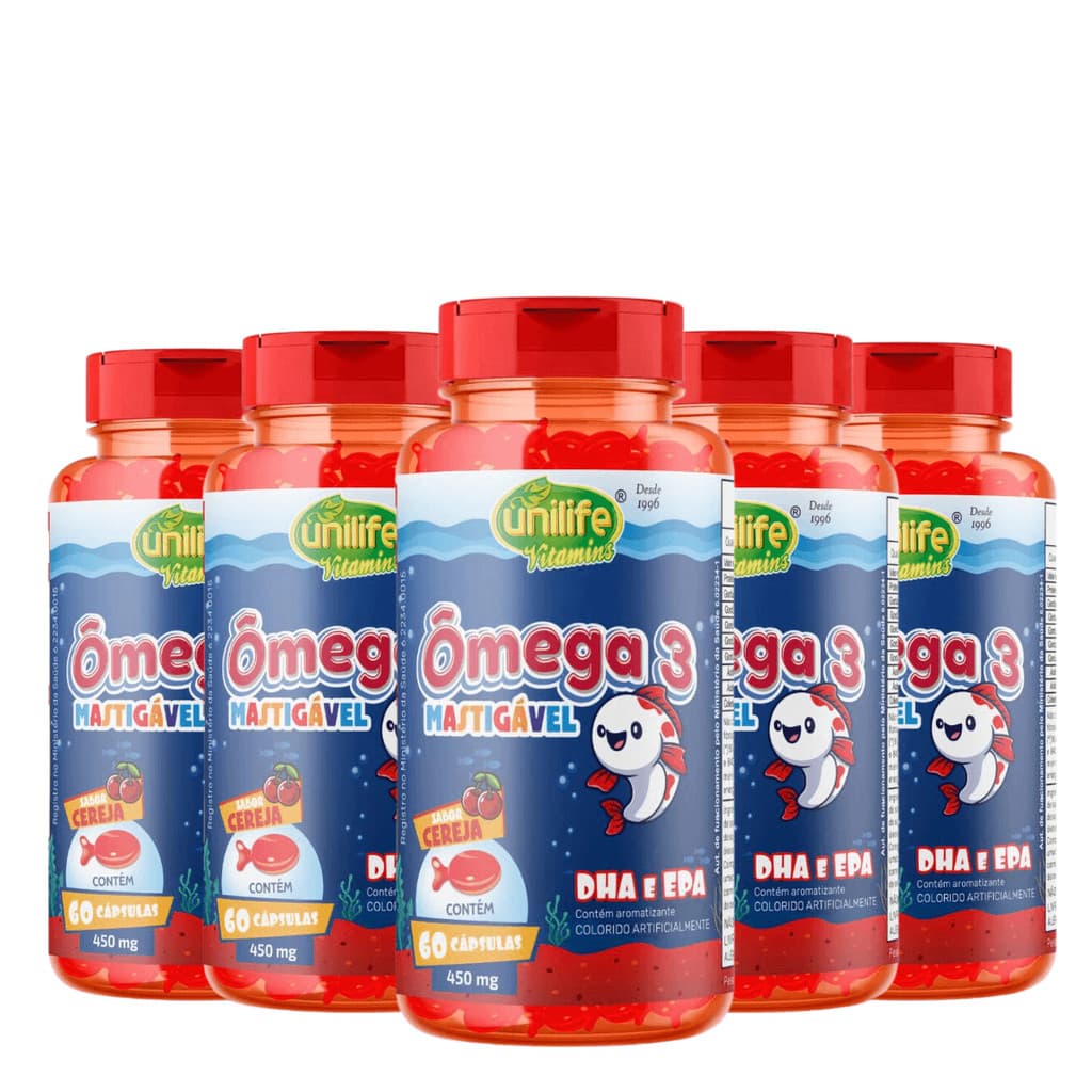 Kit 5 Omega 3 Kids Mastigavel 60 Capsulas - Unilife