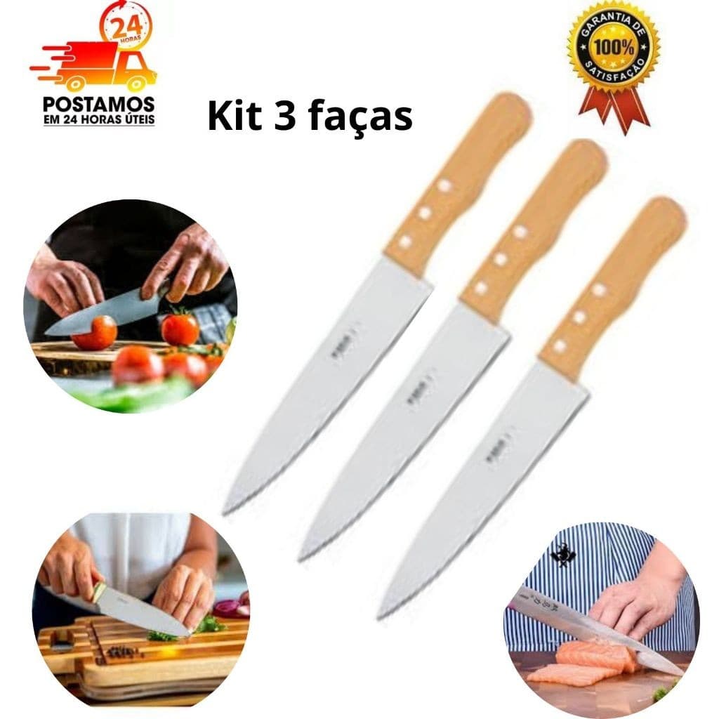 kit 3 Facas de Cozinha Aço Inox Cabo de Madeira 5´´ Carnes Saladas Legumes Churrasco