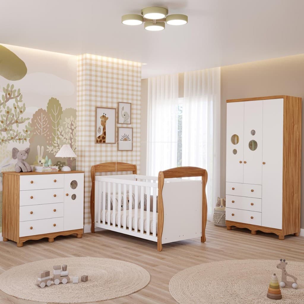 Quarto de Bebê Completo Berço Americano Marquesa Guarda Roupas 3 Portas Cômoda 4 Gavetas 100% MDF