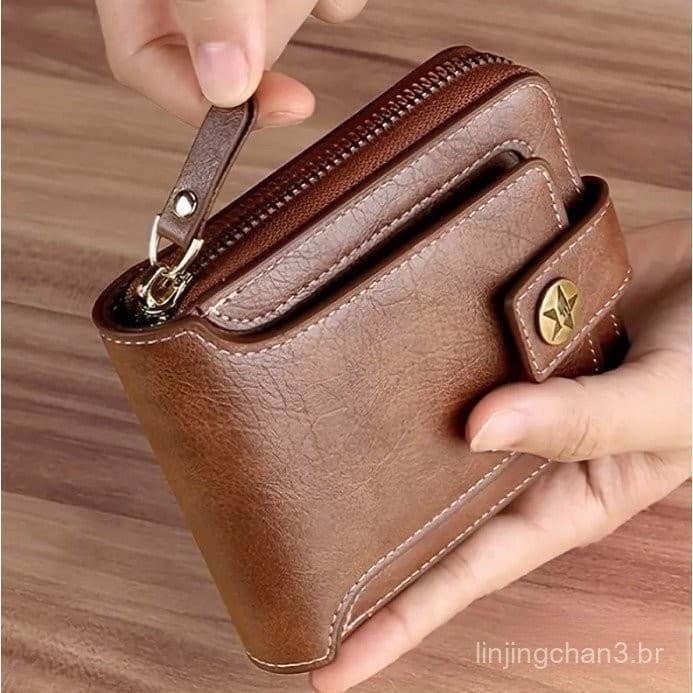 Carteira Masculina Três em Um de Grande Capacidade com Zíper