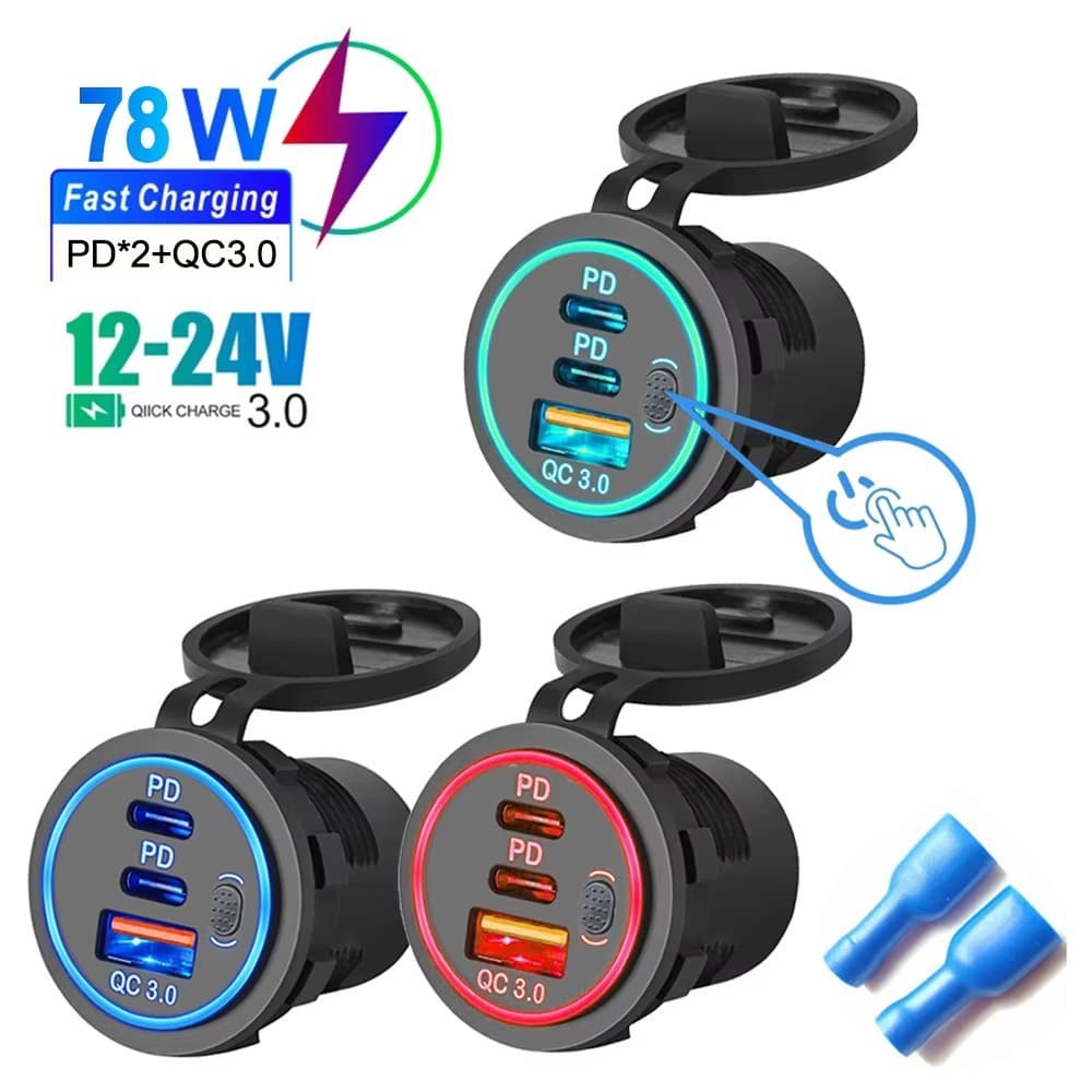 Tomada USB Para Carregador De Carro , 12V/24V , Múltipla QC3.0 + Portas Duplas De Interruptor De Carga flash PD Com Alim