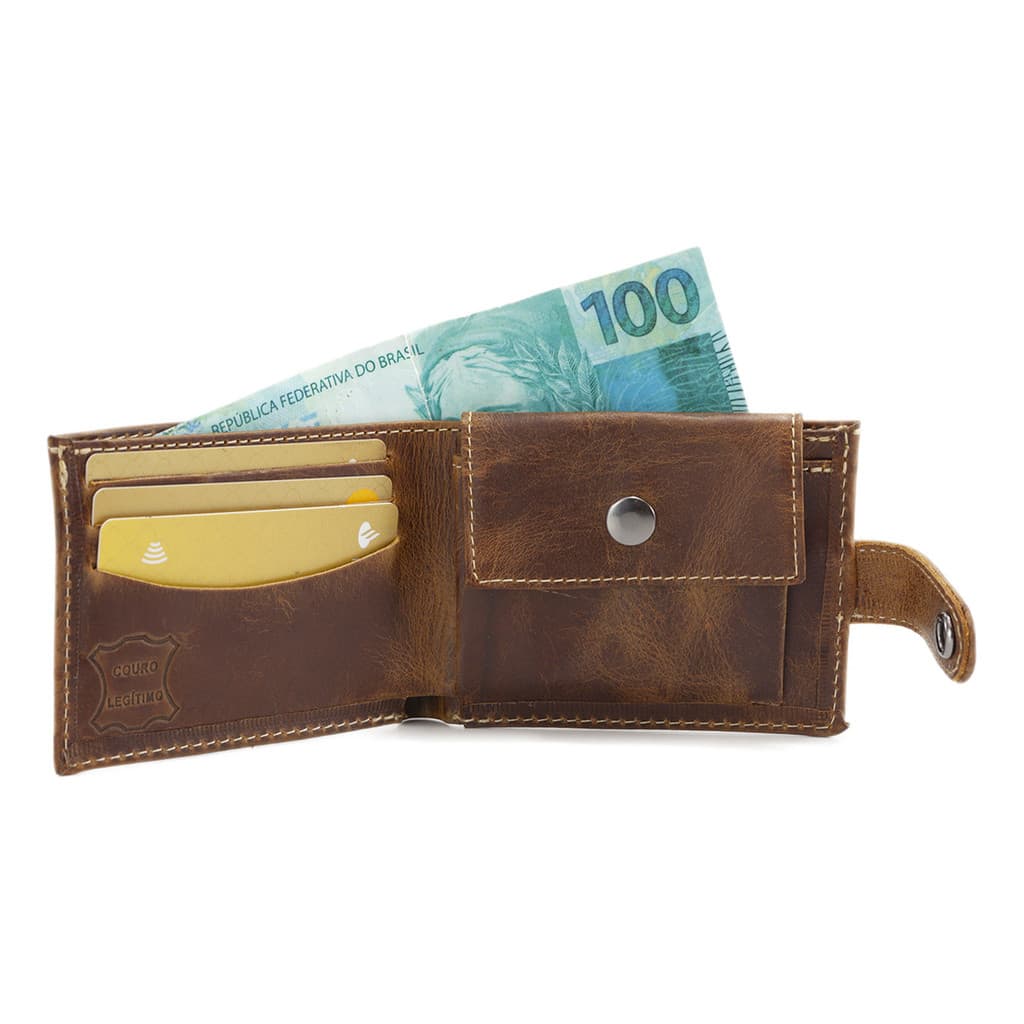 Carteira Masculina Couro Compacta Com Porta Moedas E Espaço Para Cnh
