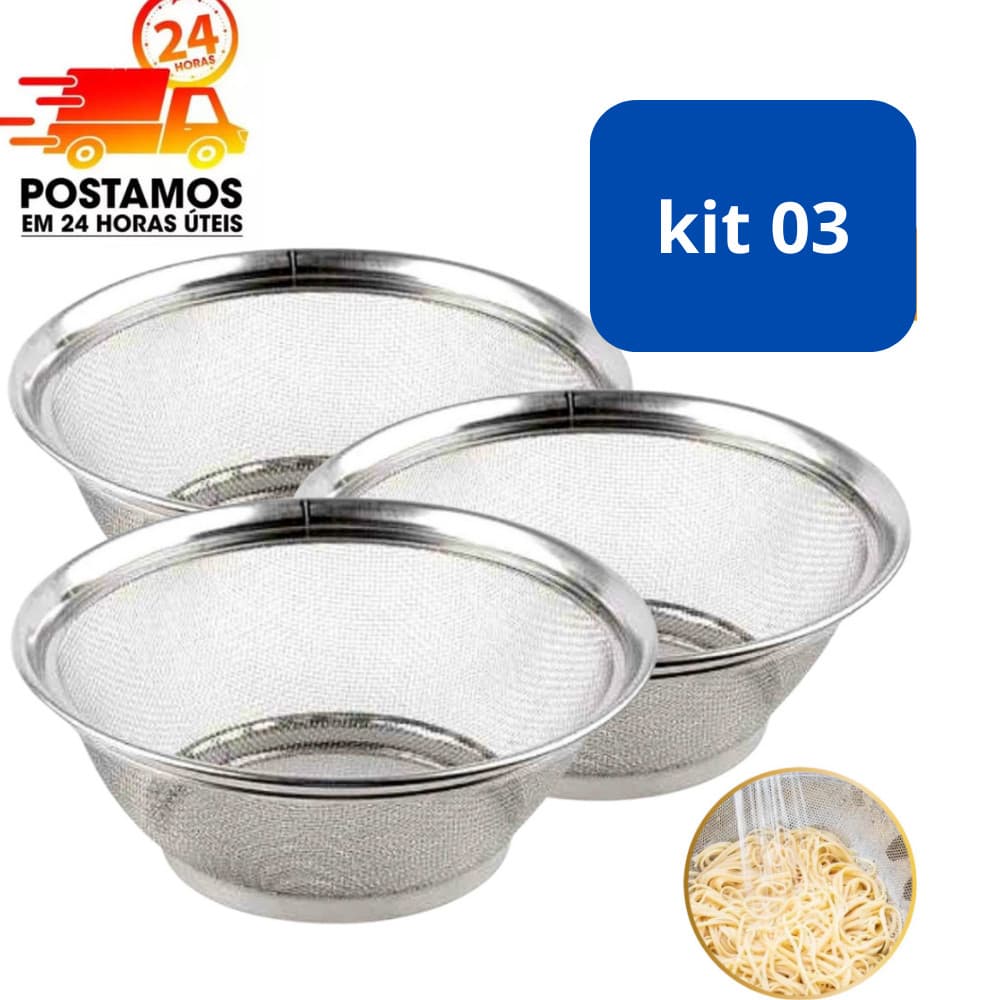 Kit 3 Cestas 22CM em Inox Escorredor Multiuso - Qualidade e Versatilidade na Sua Cozinha!