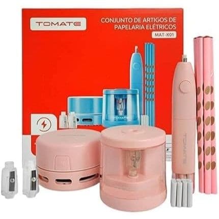 Conjunto Kit Papelaria para Desenhos Apontador Eletrico de Lapis MAT-K01 - TOMATE (Rosa)