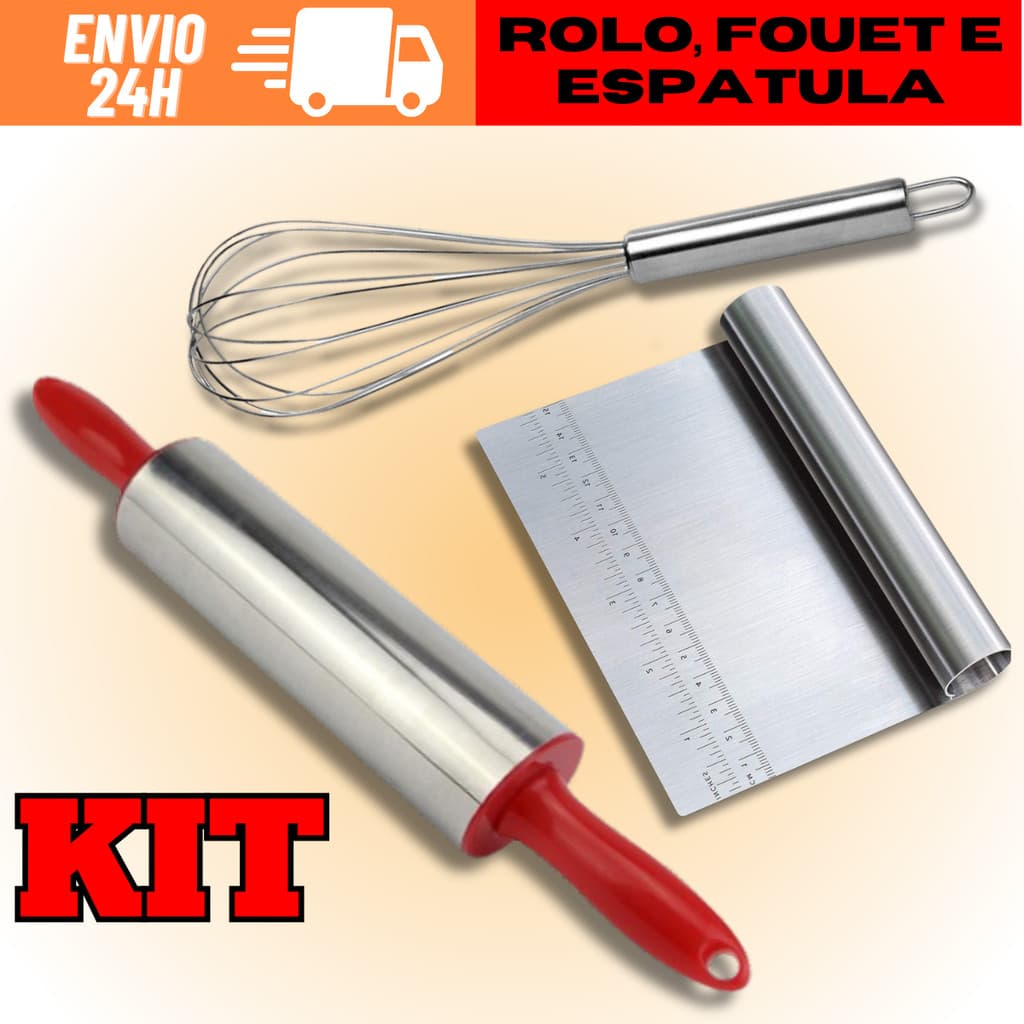 KIT Rolo de Massa 37,5cm + Espátula Tubular 15cm + Fue Batedor de Claras e Ovos