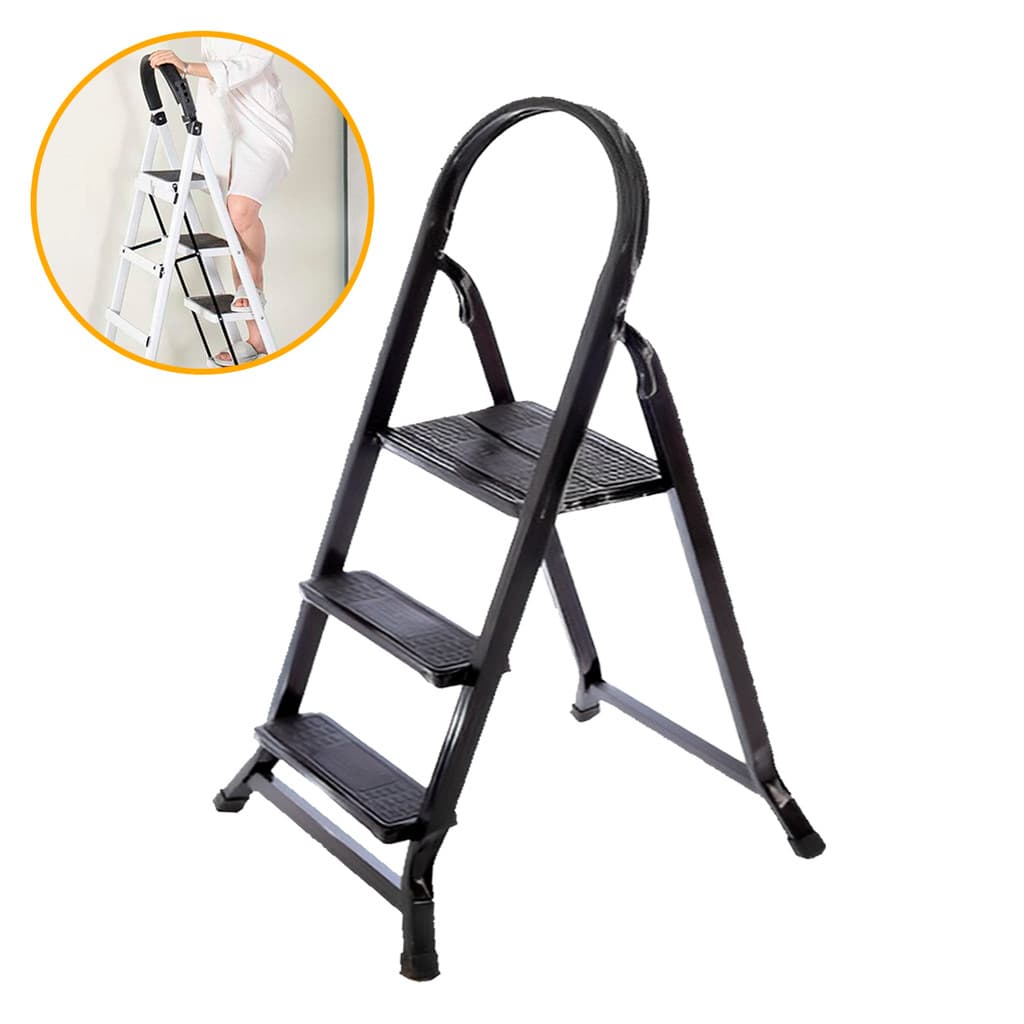 Escada Dobrável 3 Degraus em Aço Reforçado Suporta 120 kg Pé Antiderrapante Cor Preto