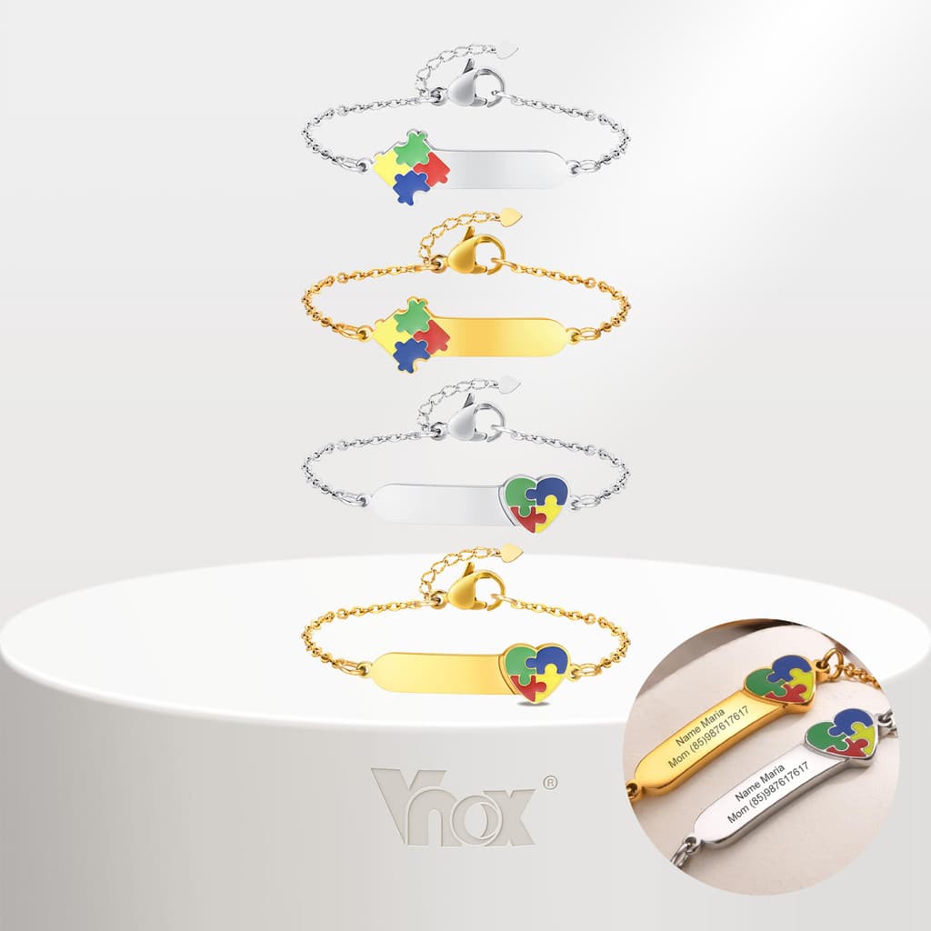 Vnox Personalizado Gravar Id Autismo Sinal Quebra-Cabeça Pulseira Infantil Nome De Aço Inoxidável Moda Jóias