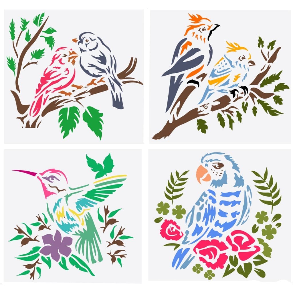 Kit 4 Moldes Pintura Passaro Ninho Beija Flor Silvestre  Stencil 15cm