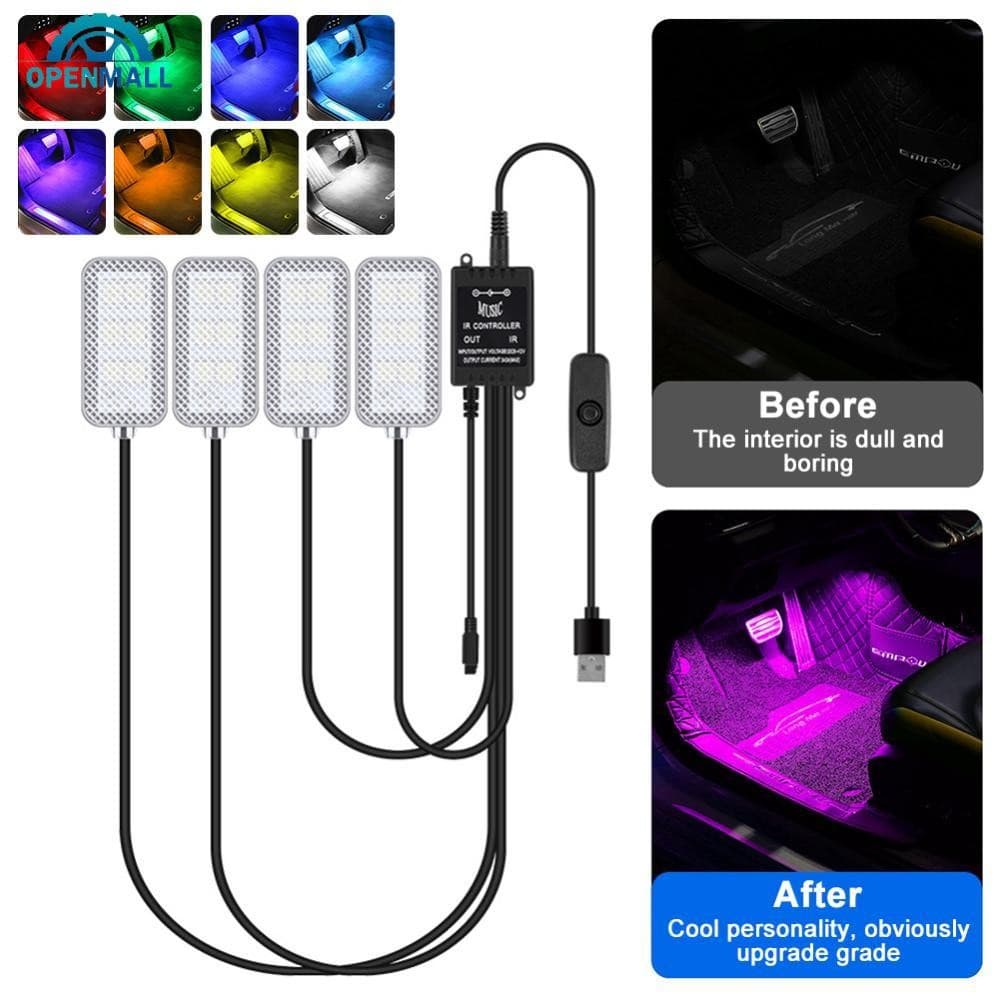 OPENMALL 4 Pçs/Set 12V 5V USB LED Atmosfera Interior Do Carro Luz De Fundo Ambiente Humor Pé Decorativa APP Lâmpada De C