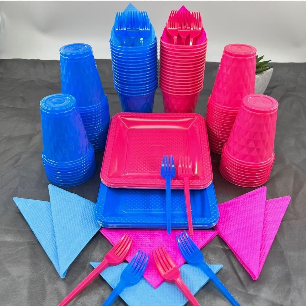 Kit 180 Itens Festa Aniversário Completo Descartável Prato Copo Garfo Guardanapo Azul Rosa Pink P/40 Pessoas