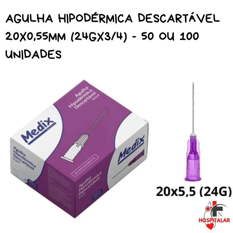 Agulha Hipodérmica Descartável 20x0,55MM (24Gx3/4) - 50 e 100 Unidades