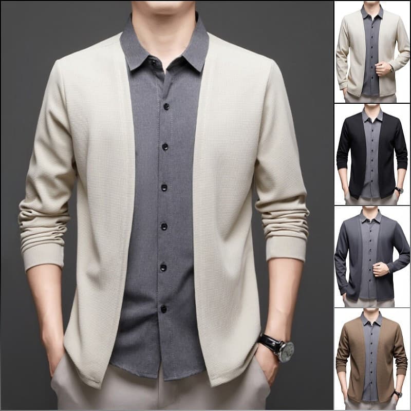 Homens Fake 2 Piece Camisa Elegante Patchwork Cardigan Negócios Camisola de Malha Office Jacket