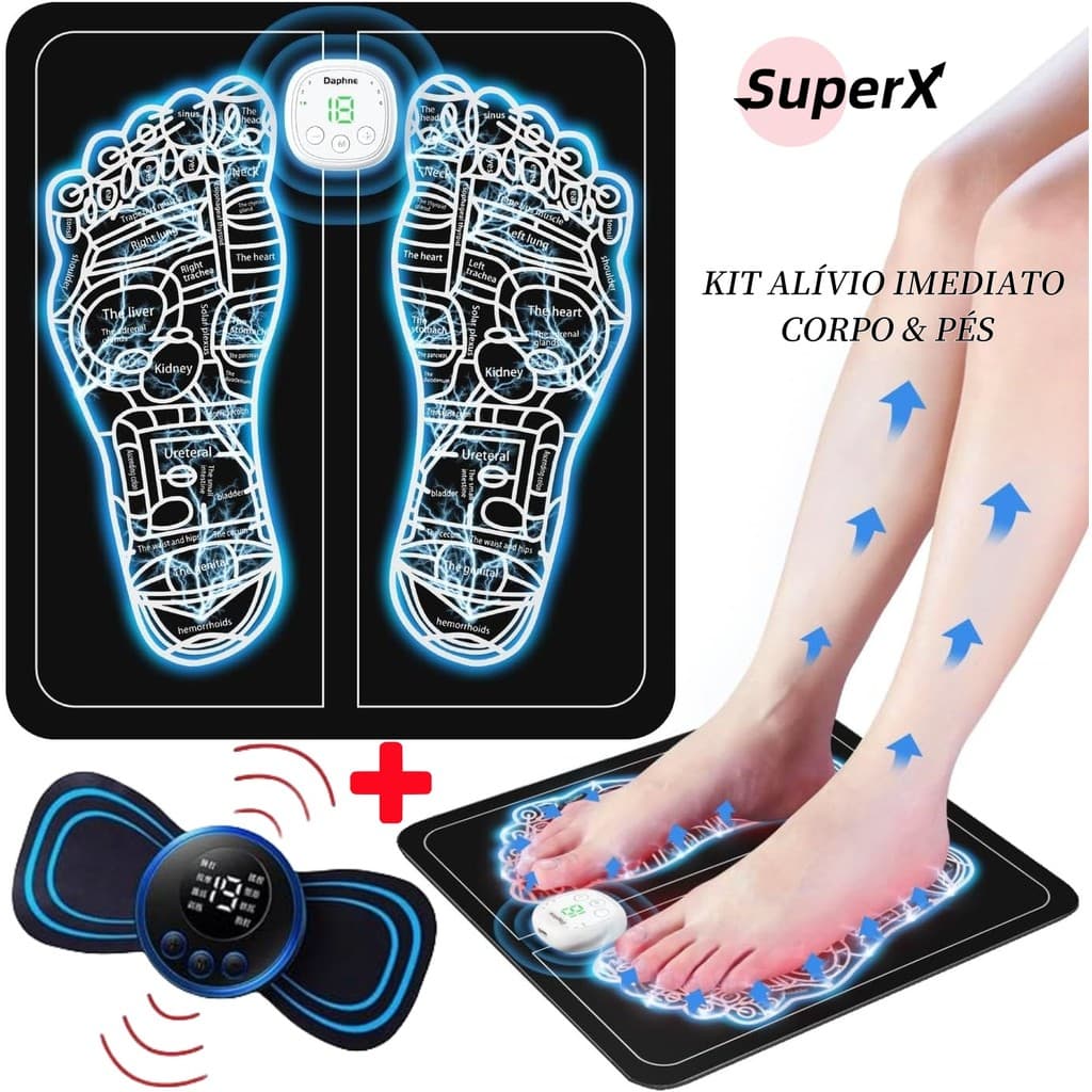 Kit Massageador Corporal + Tapete Massageador de Pés EMS – Elétrico, Portátil e Recarregável