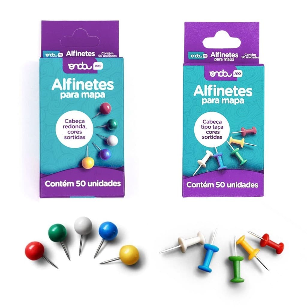 Alfinetes para Mapa 50 Unidades Colorido Sortido | Cabeça Tipo Taça ou Redonda | - Onda
