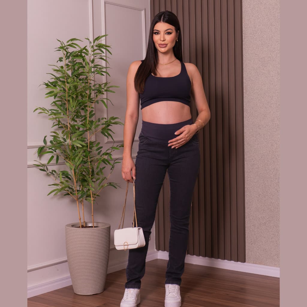 Calça Gestante Jeans Premium Escuro Black Com Elastano