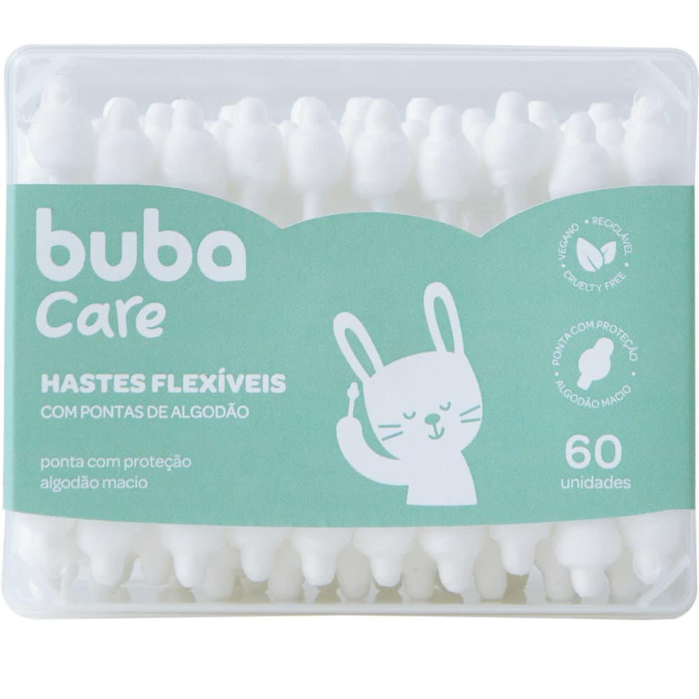 Kit 60 Cotonetes Hastes Flexíveis Macio Para Bebe Infantil Com Ponta de Algodão Proteção Buba Care