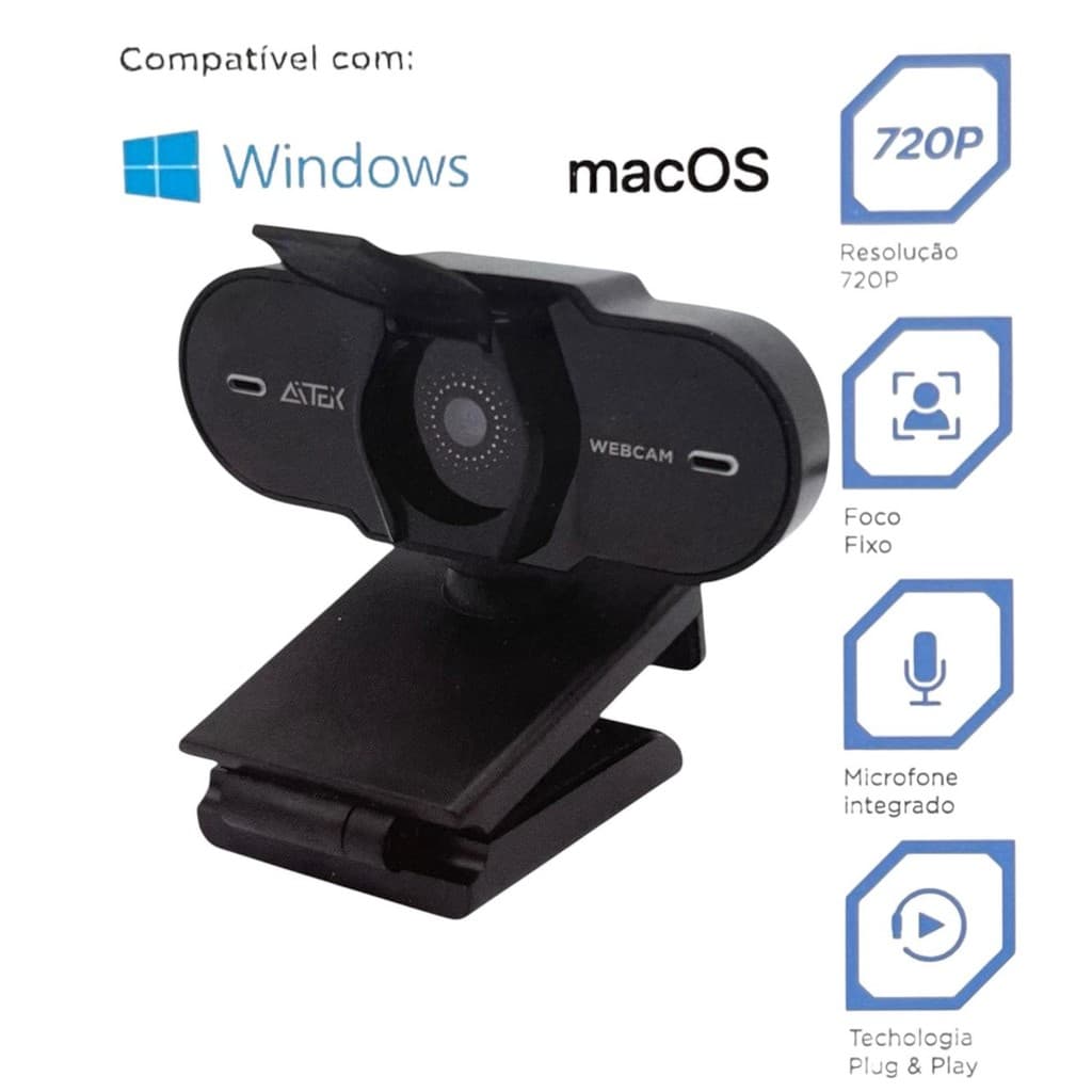 Webcam Auto Foco com Microfone integrado  USB 2.0 Plug And Play Incluindo Tampa De Privacidade