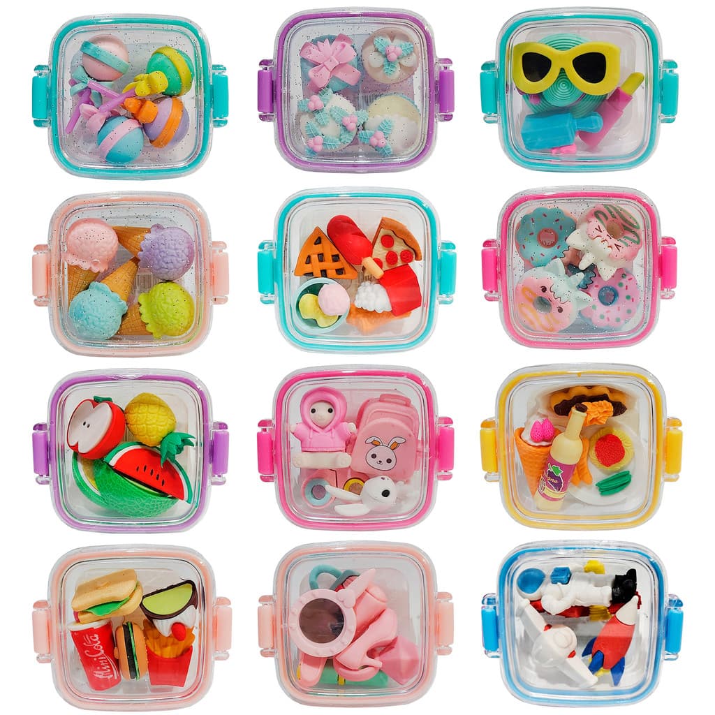 Kit Borrachas Formato de Comidas e Objetos c/ Pote com Travas Qihao