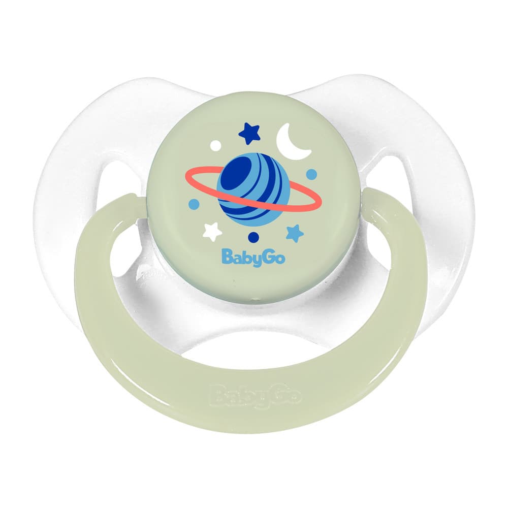Chupeta T2 Que Brilha no Escuro Com Capuz e Bico de Silicone Ortodôntico de + 6 Meses Nasa BabyGo