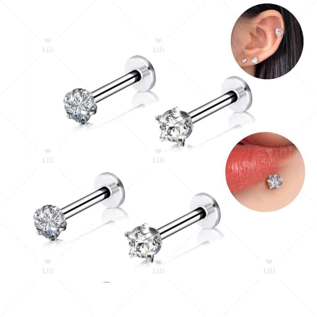 Kit 4 Piercing Labert Aço Cirúrgico Zirconia Coração/Estrela , Helix/Tragus/Conch