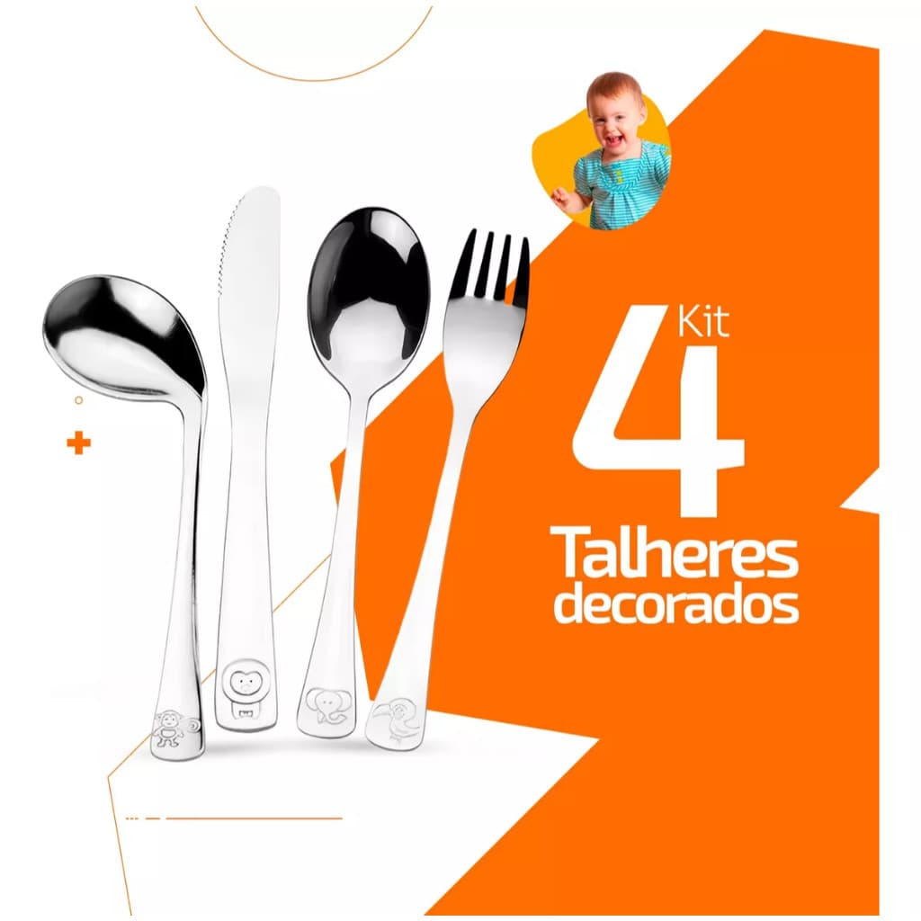 Jogo de Talheres Inox Infantil 4 Peças Alimentação Bebê
