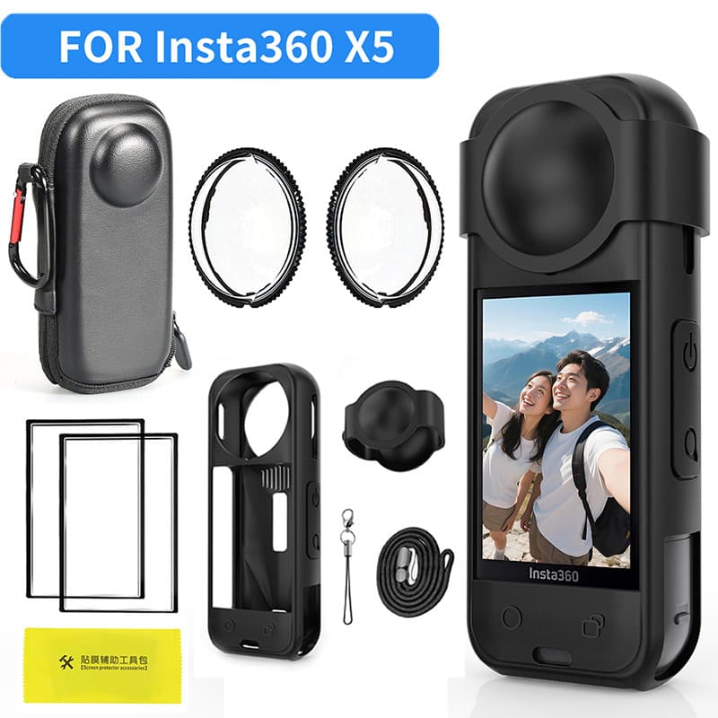 Kit De Acessórios De Câmera Para Insta360 X5 Protetores De Lente De PC E Protetor De Tela Capa De Silicone Mini Bolsa De