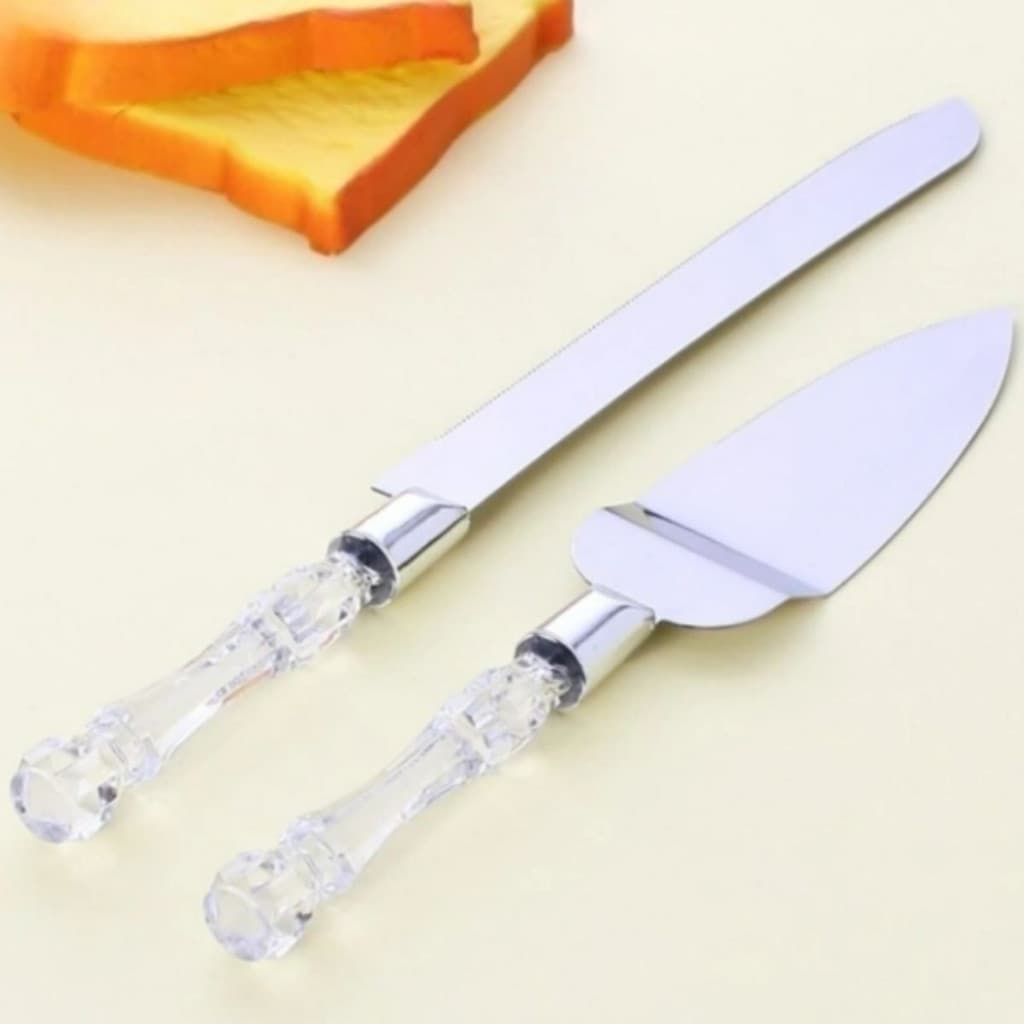Conjunto Faca e Espátula Inox Cabo Acrílico Corte Bolo Torta