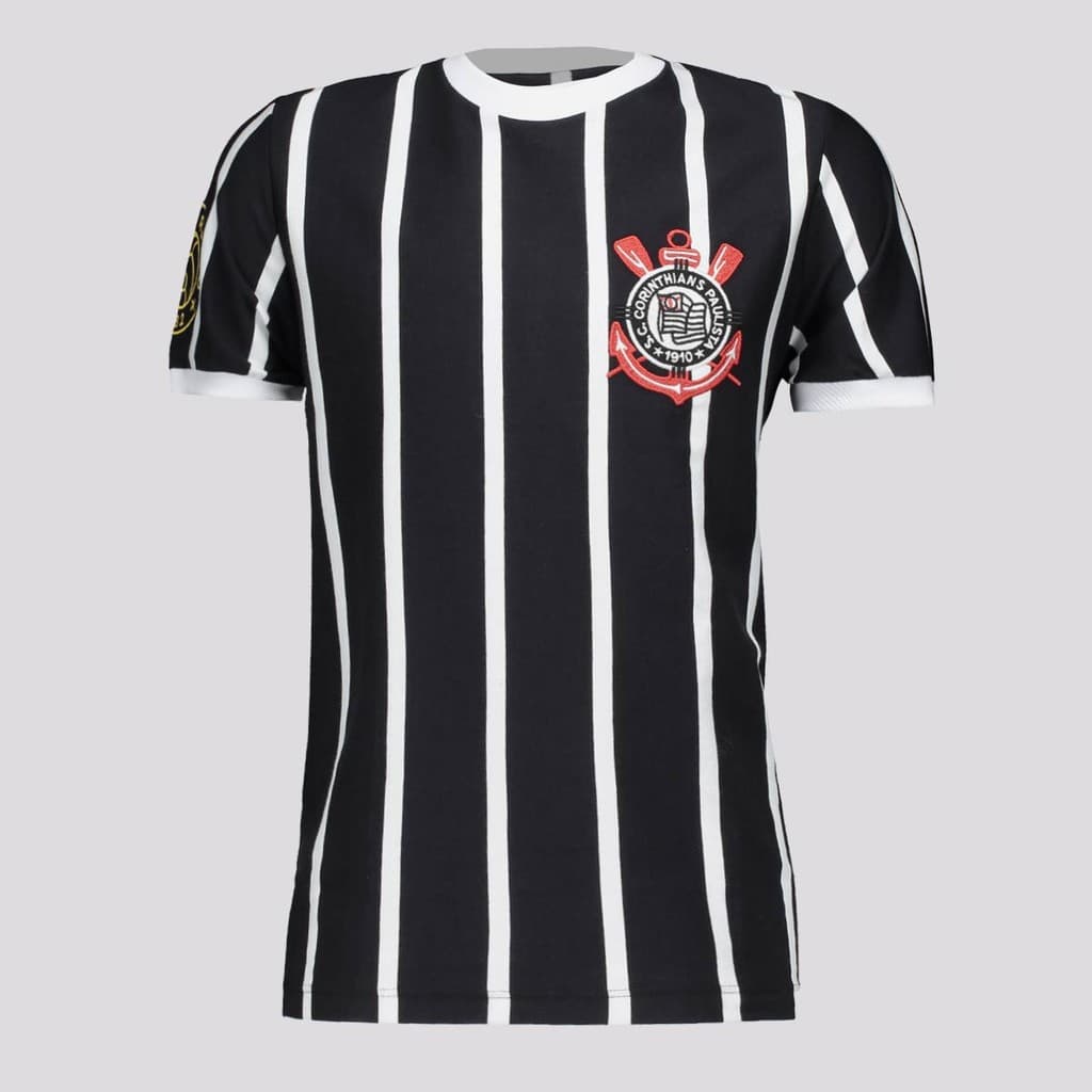 Camisa Corinthians Democracia Retrô Infantil Preta e Branca