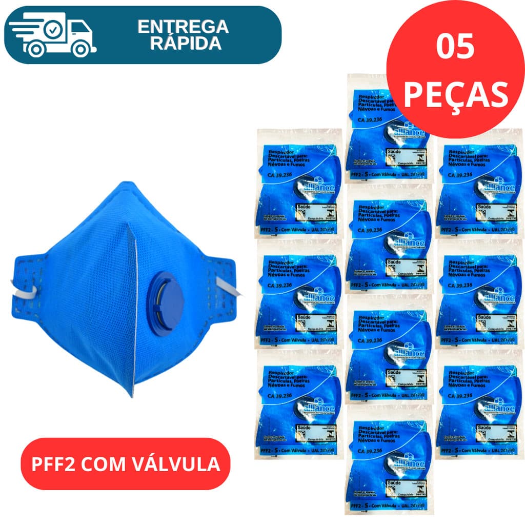 Kit 5 Respirador Descartável PFF2 Com Válvula Proteção Poeiras Névoas Máscara Segurança N95 Alliance