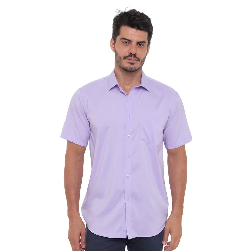 Camisa Social Slim Fit Masculina Manga Curta Lisa Com Bolso