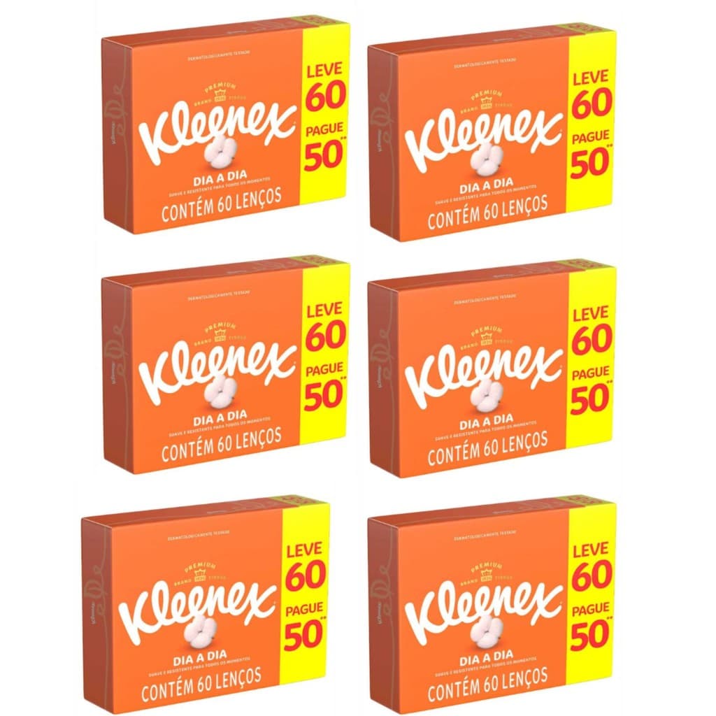 Kit 6 Caixas de Lenço de Papel Kleenex Dia a Dia Box Leve 60 Pague 50
