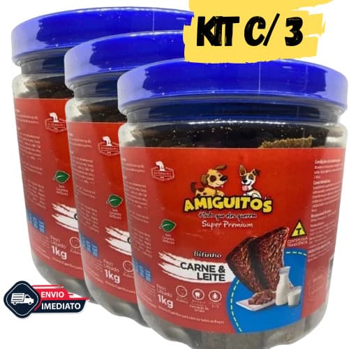 Kit 3 Bifinho AMIGUITOS 1 KG Petiscos Cães Cachorro Pet Premium - CARNE c/ LEITE