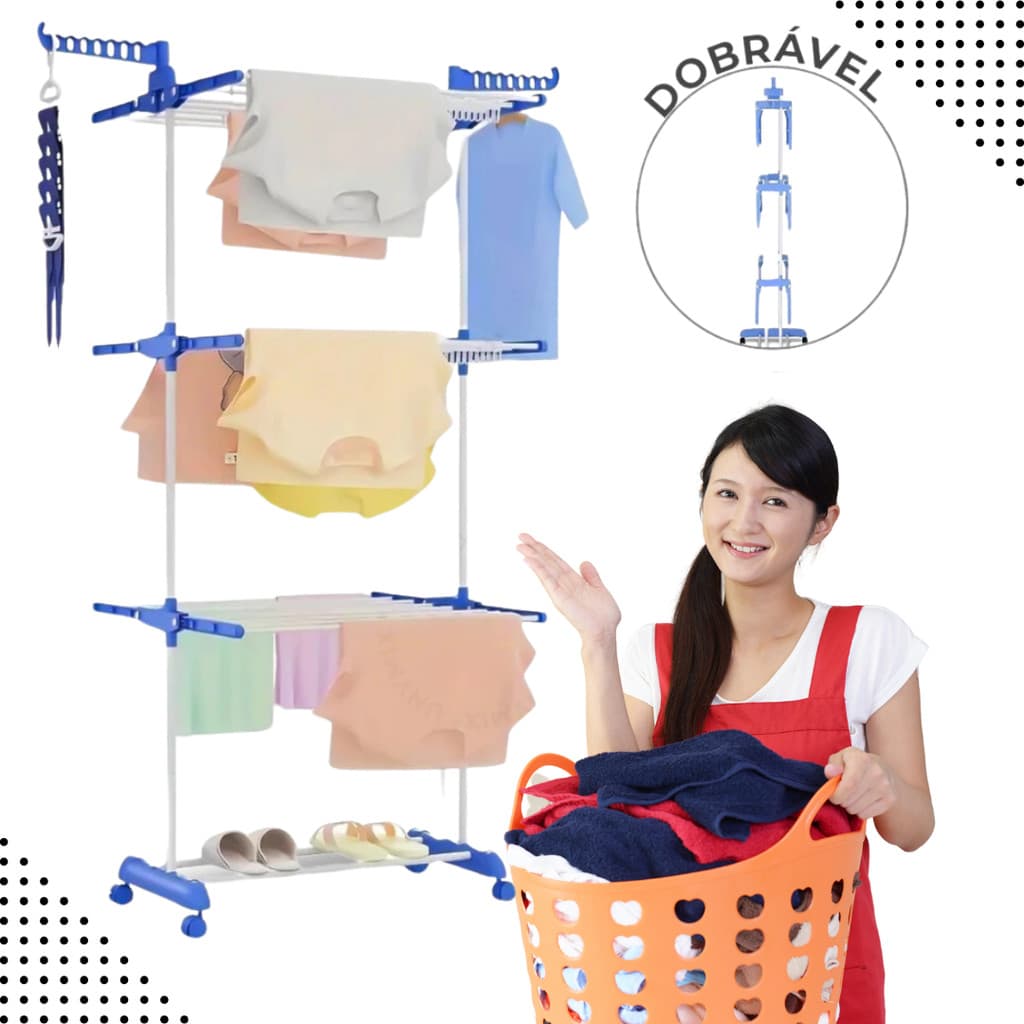 Varal de Chão Organizador Retrátil Dobrável 3 Andares Vertical Portátil Compacto e Rodinhas