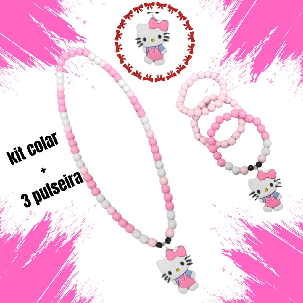 Kit Colar 3 Pulseira  Miçangas Pingente Hello Kitty Infantil
