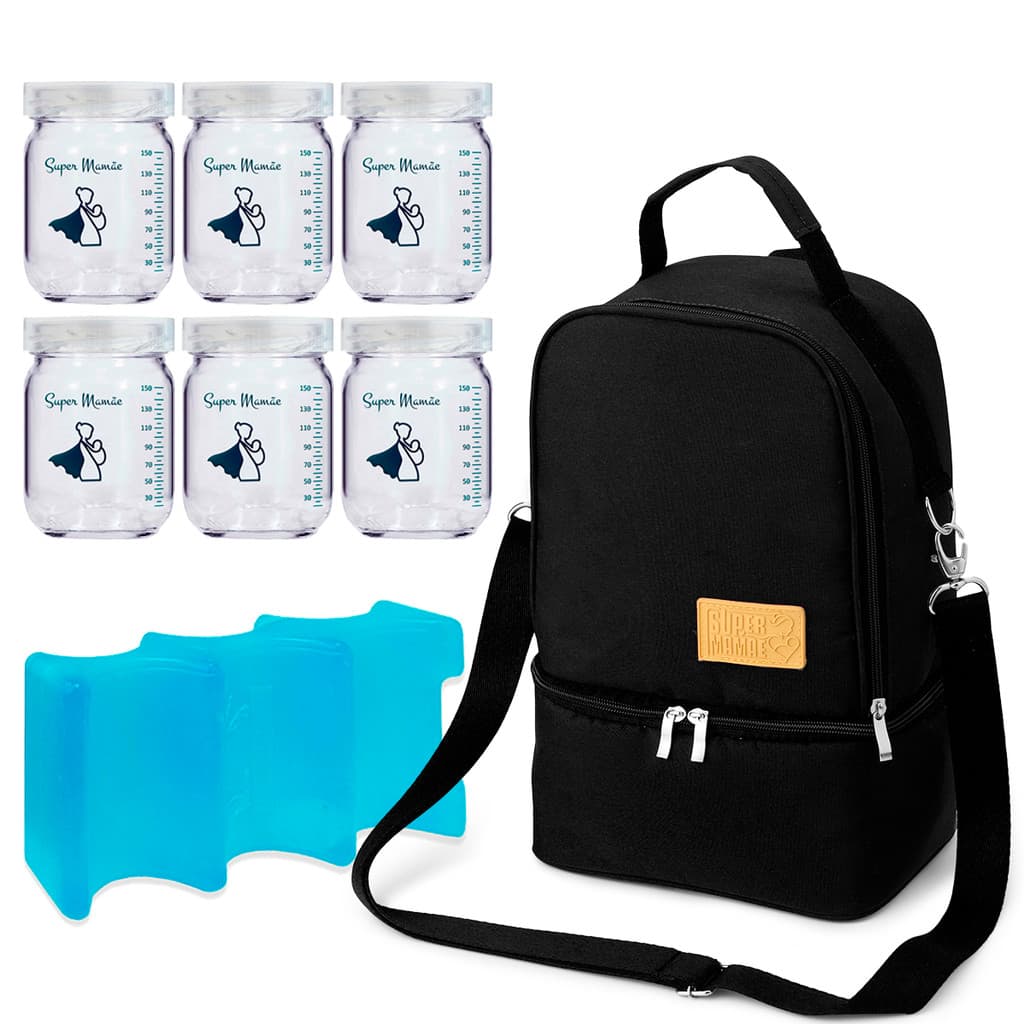 Mochila Térmica Super Mamãe + 6 Potes de Vidro 150ml BPA Free Leite Materno