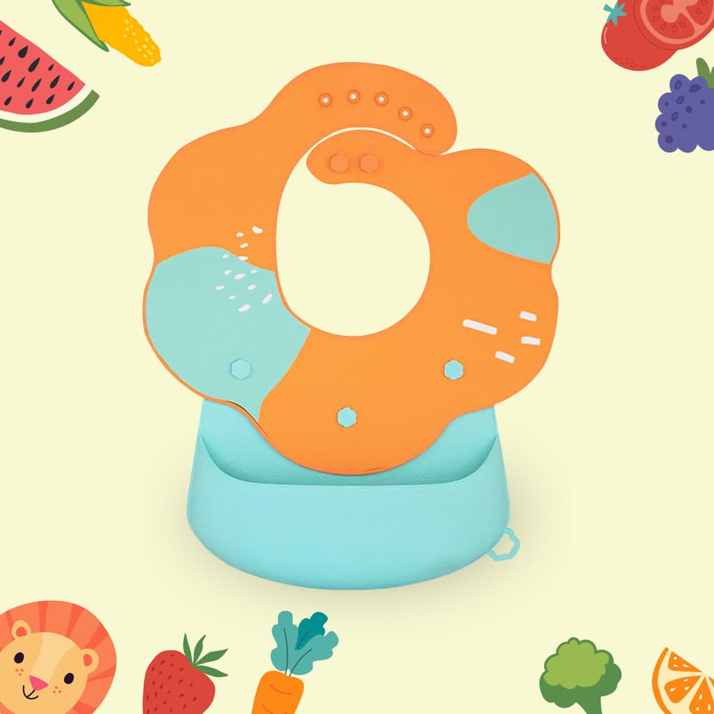 Babador de silicone para bebês com bolso "segura" alimentos e botões para ajuste de altura