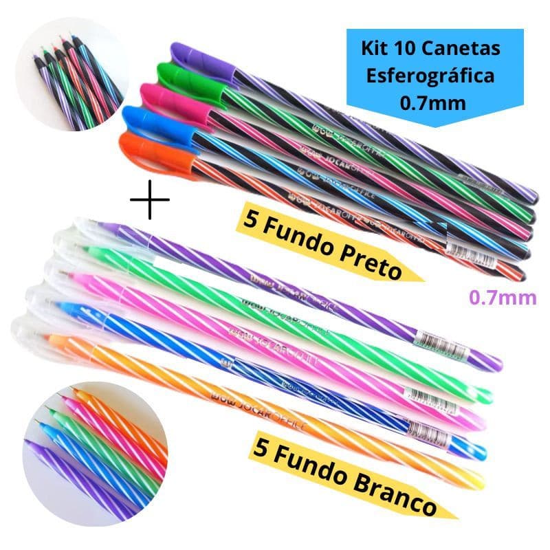 Kit 10 Canetas Esferográfica wow 0.7mm Coloridas Ponta Fina Agulha Tipo Spiro Jocar Office Leonora