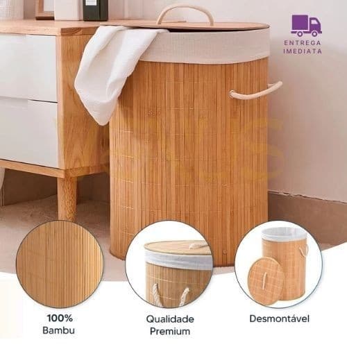 Cesto De Roupas Bambu Natural Com Tampa Dobravel E Desing Sofisticado