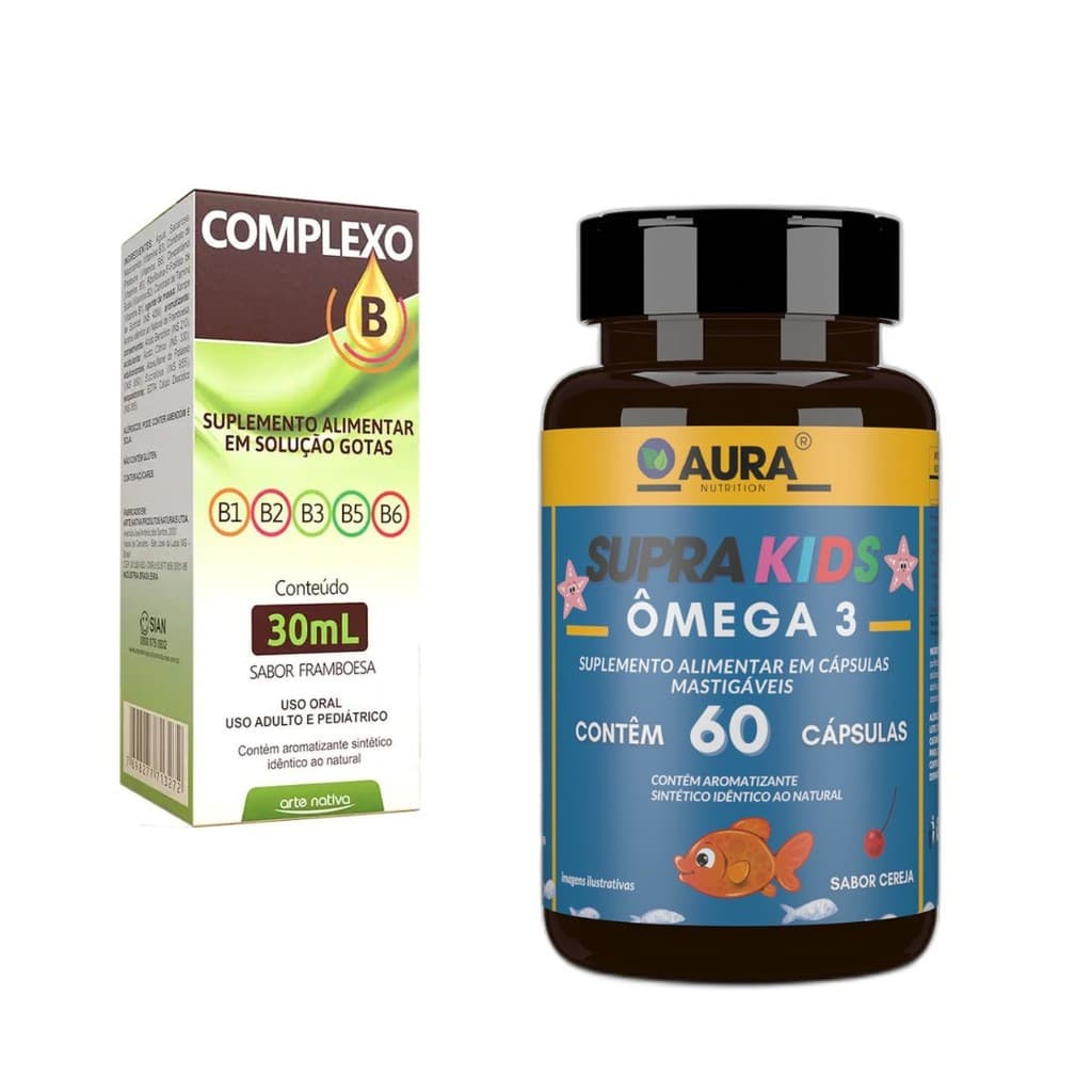 Vitamina Complexo B 30ml Framboesa + Ômega 3 Supra Kids Mastigável Sabor Cereja 60 Cápsulas - Aura Nutrition