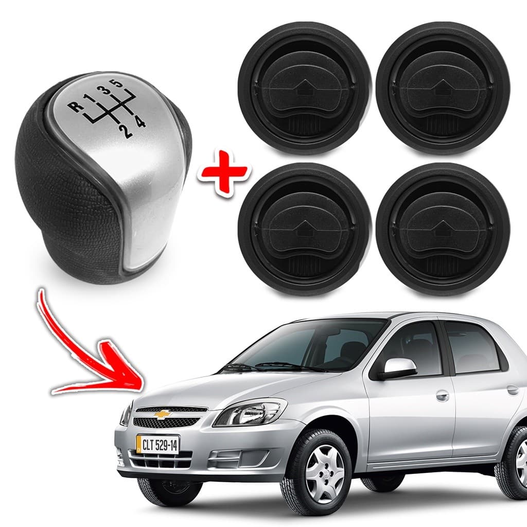 Kit Jogo Grade Difusor de Ar Preto + Bola Manopla de Câmbio Prata Celta Prisma 07/2012