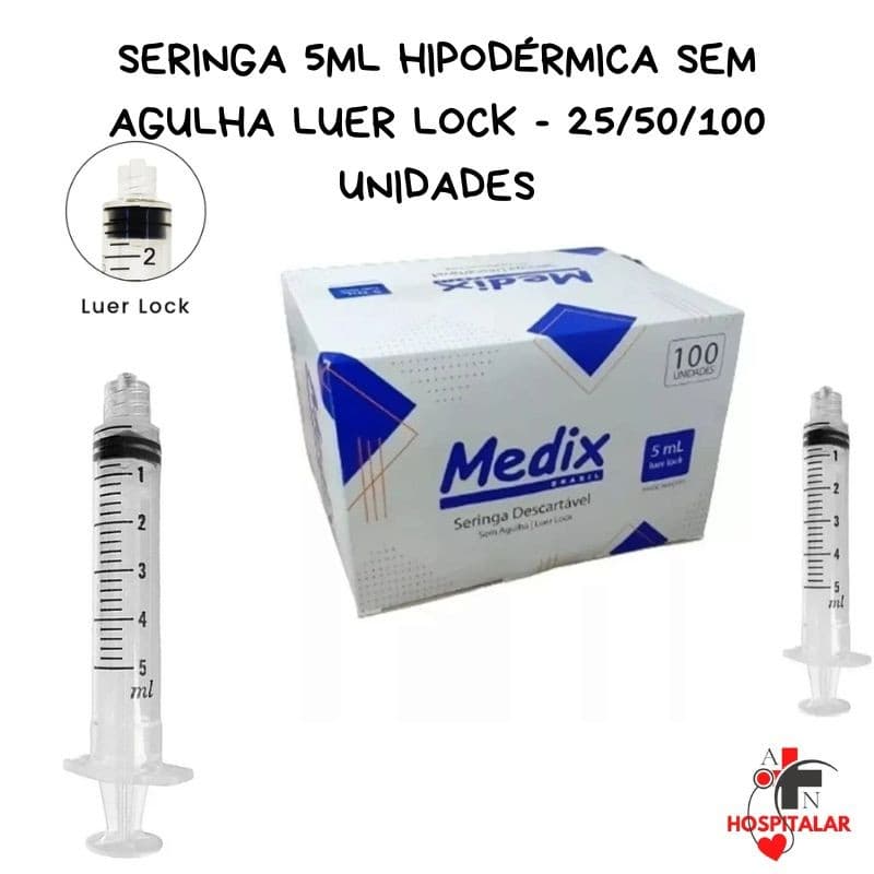 Seringa 5ml Hipodérmica sem Agulha Luer Lock - 25/50/100 Unidades